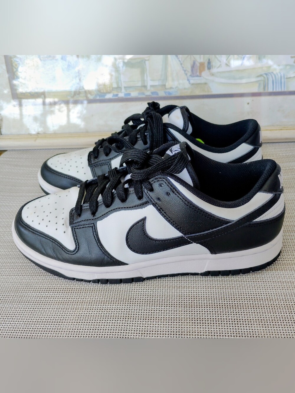 Women's Nike "Dunk Low 'Black White'" "Panda" Textured Leather Sneakers. Size 8.